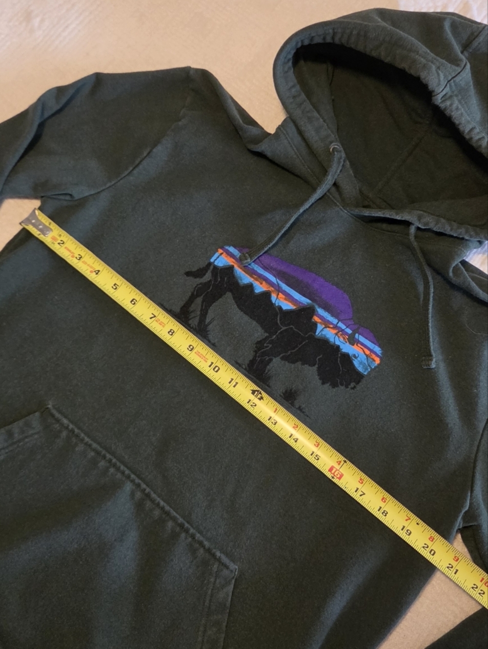 Patagonia Dark Green Crewneck Hoodie with Mountain Bison Graphic, Size Medium - Picture 7 of 8